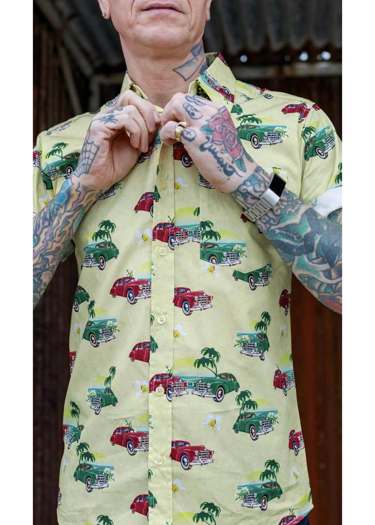 Run And Fly New In Run & Fly Mens Cuban Cars Shirt Yellow