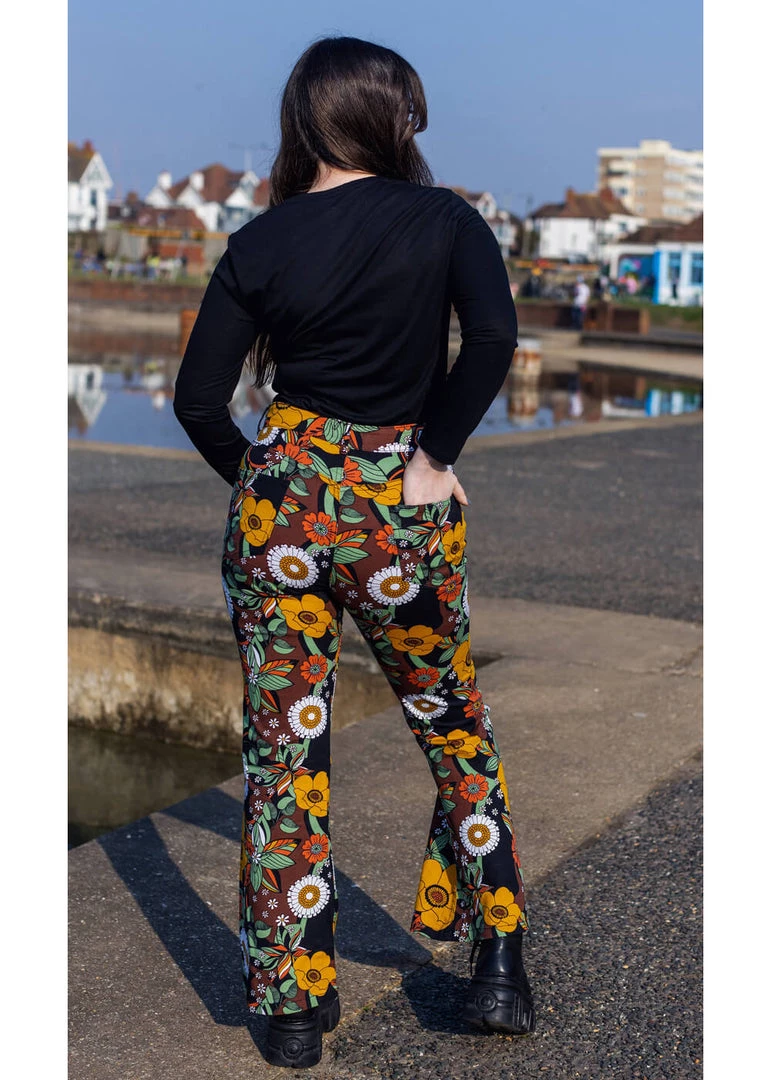 Run And Fly New In Run & Fly 70's Floral Flare Trousers Brown