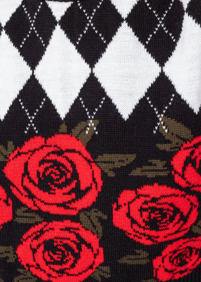 Run And Fly New In Run & Fly Argyle Roses Cropped Knitted 70's Tank Top Black