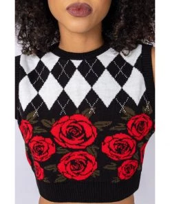 Run And Fly New In Run & Fly Argyle Roses Cropped Knitted 70's Tank Top Black