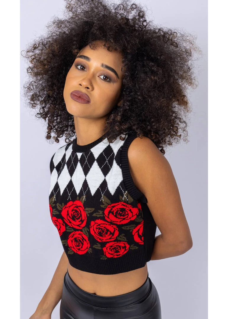 Run And Fly New In Run & Fly Argyle Roses Cropped Knitted 70's Tank Top Black