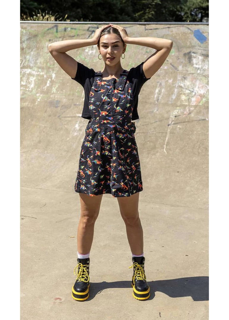 Run And Fly Geo Rainbow Dinoaur 60's Pinafore Dress Black New In