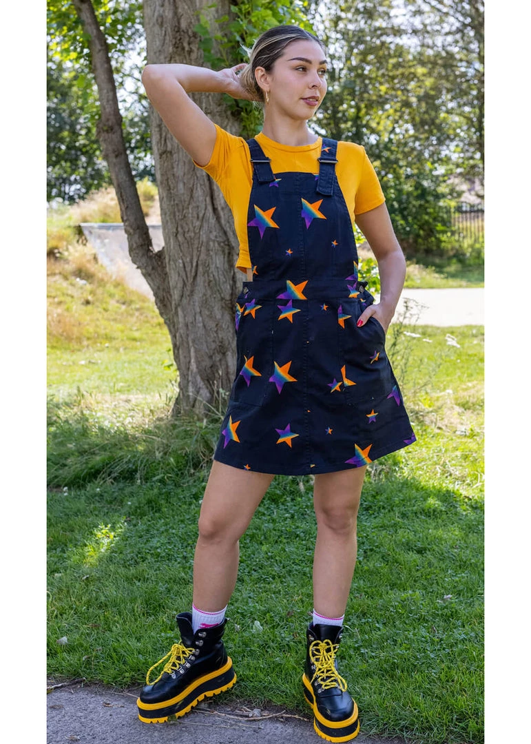 Run And Fly Spectrum Star 60's Pinafore Dress Black New In