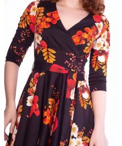 Sheen Saloni Floral 50's Swing Dress Burgundy
