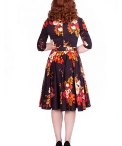 Sheen Saloni Floral 50's Swing Dress Burgundy