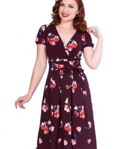 New In Sheen Tilly Floral 50's Swing Dress Burgundy