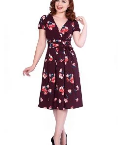 New In Sheen Tilly Floral 50's Swing Dress Burgundy