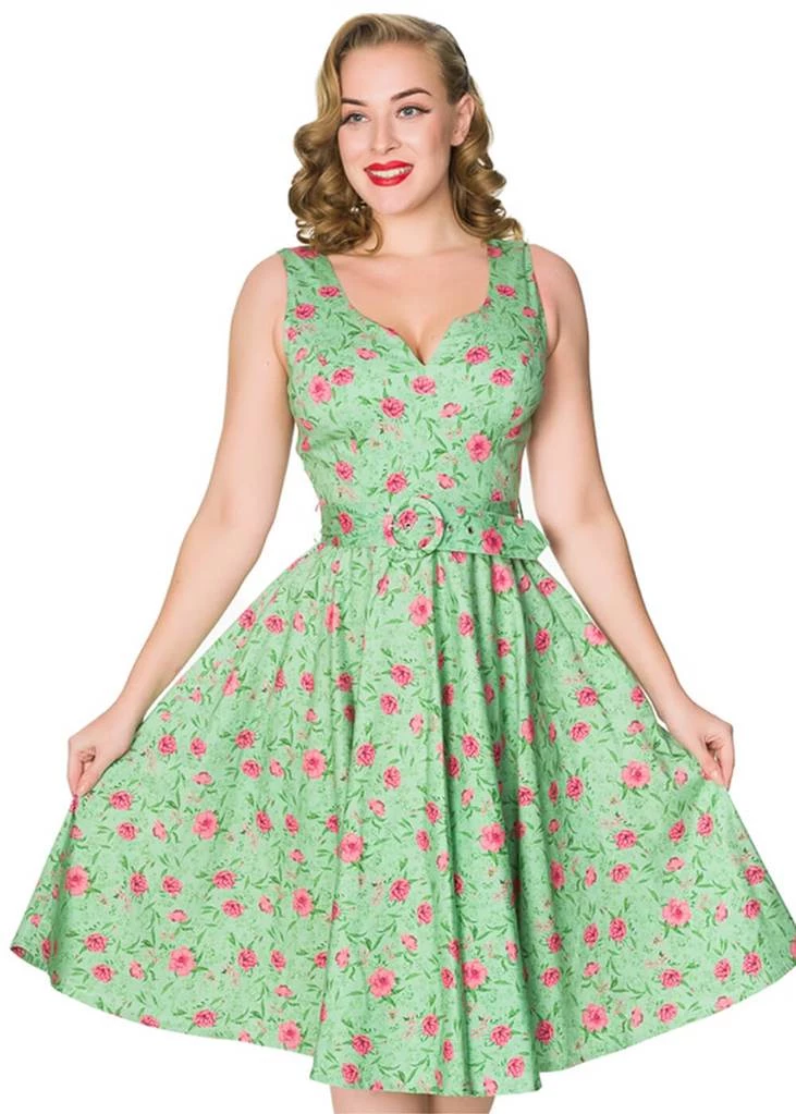 New In Sheen Freya Floral 50's Swing Dress Green