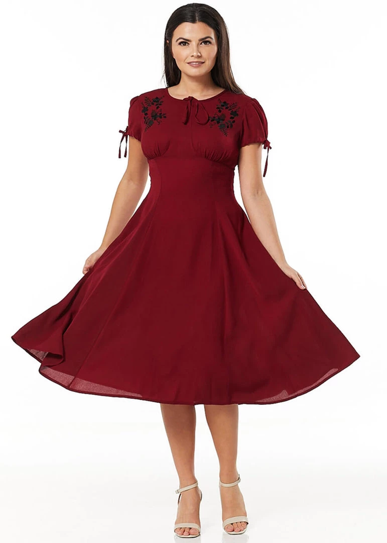 Sheen New In Timeless Ava Floral 40's Swing Dress Burgundy
