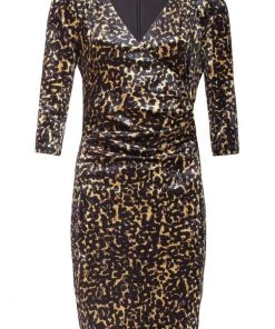 Smashed Lemon Soft Leopard Velvet 60's Pencil Dress Gold Black New In