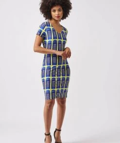 Smashed Lemon Who? Telephone 60's Pencil Dress Yellow Blue