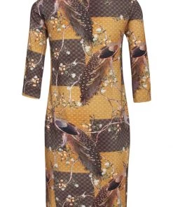 New In Smashed Lemon Chinoiserie Peacock 60's Pencil Dress Mustard