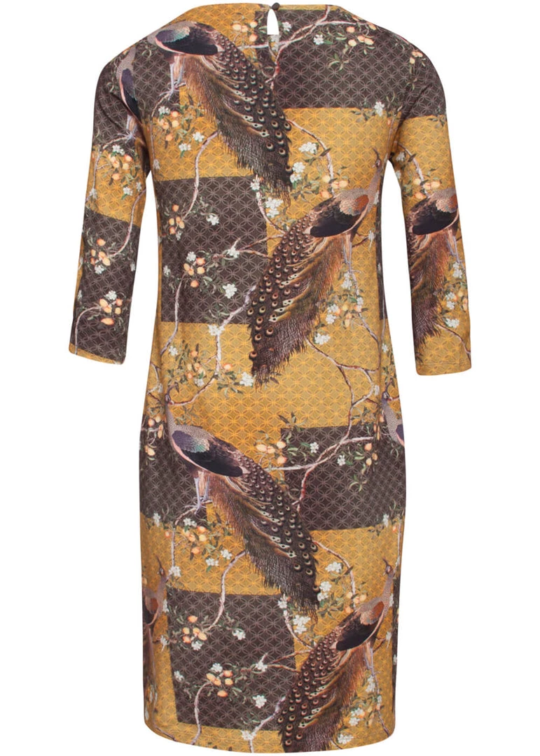 New In Smashed Lemon Chinoiserie Peacock 60's Pencil Dress Mustard