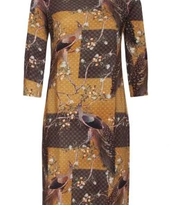 New In Smashed Lemon Chinoiserie Peacock 60's Pencil Dress Mustard
