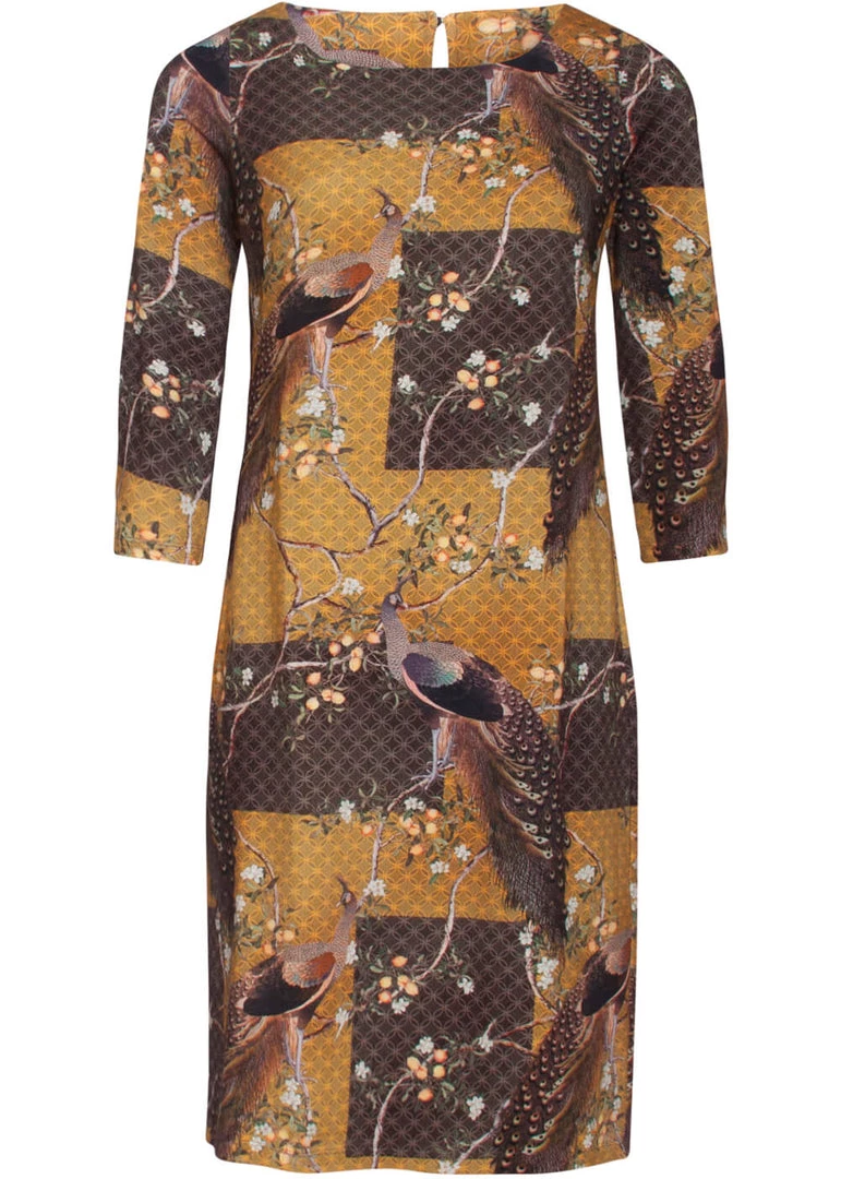 New In Smashed Lemon Chinoiserie Peacock 60's Pencil Dress Mustard