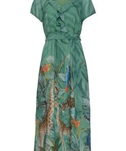 Smashed Lemon Giraffe Safari 70's Maxi Dress Green