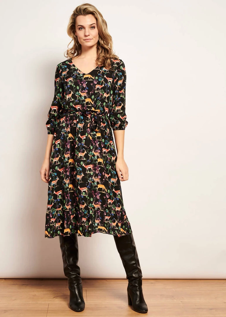 Smashed Lemon Forest Deer 70's A-Line Dress Multi New In