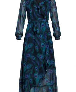 Smashed Lemon Peacock Stride 70's Maxi Dress Black Emerald