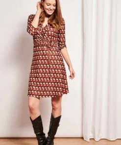 New In Smashed Lemon Crowned Crane Bird 60's A-Line Dress Cognac