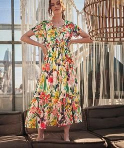 Smashed Lemon Tropical Flowers 70's Maxi Dress White New In