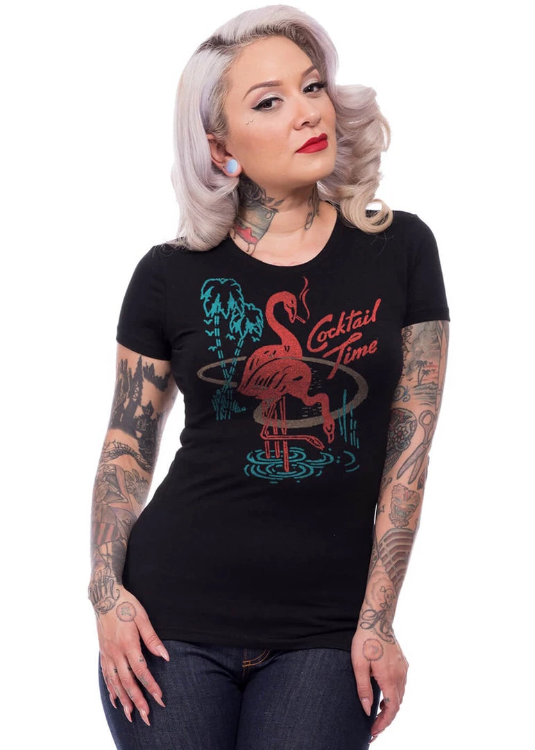 New In Steady Clothing Cocktail Time Flamingo Girly T-Shirt Black