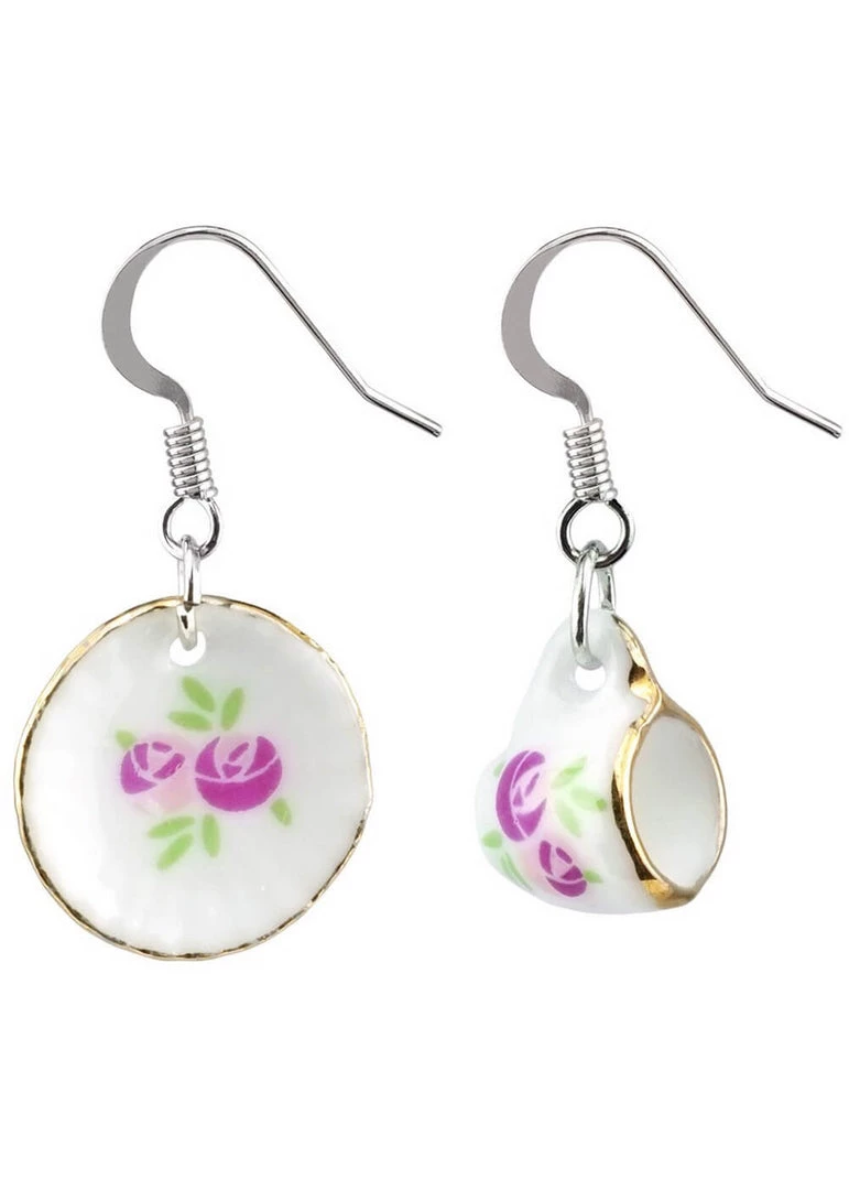 New In Succubus Vintage Cup & Saucer Ceramic Earrings Muti