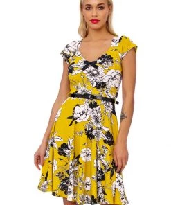 Succubus Serena Floral 50's Swing Dress Mustard