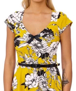 Succubus Serena Floral 50's Swing Dress Mustard