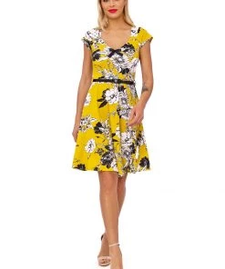 Succubus Serena Floral 50's Swing Dress Mustard