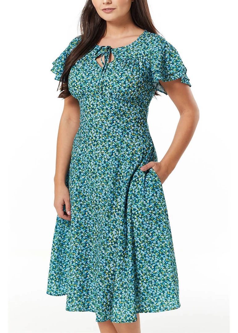 Sheen New In Timeless Vienna Floral 40's Swing Dress Green
