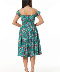 Sheen Timeless Preston Parrots 50's Swing Dress Green New In