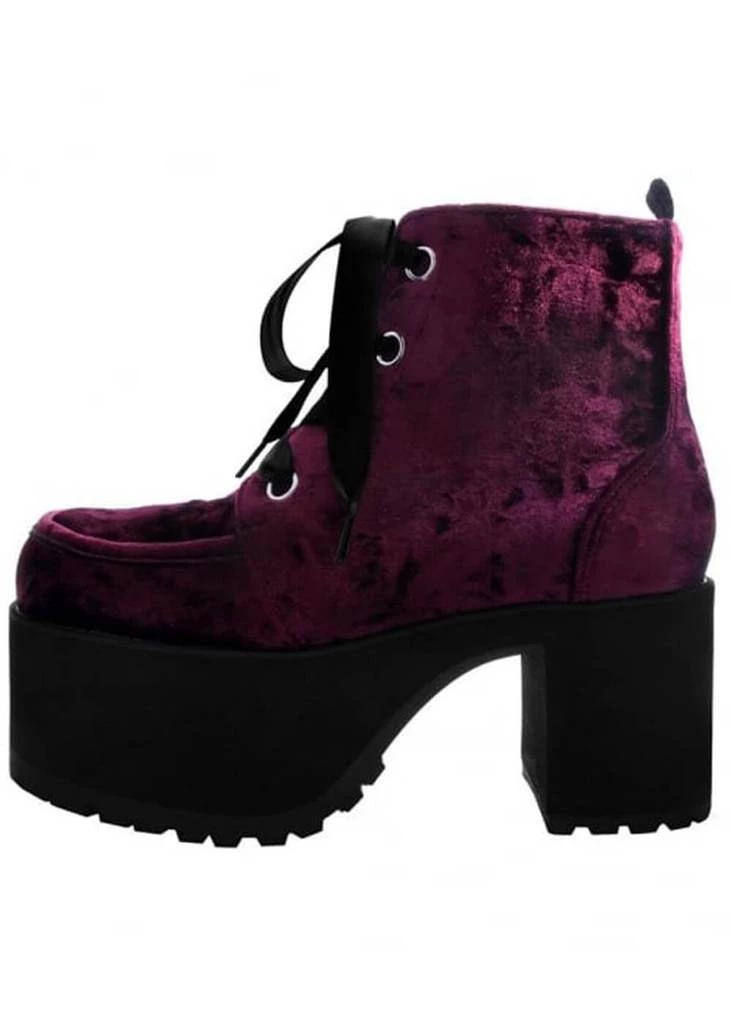 T.U.K Nosebleed Velvet Crush Platform Ankle Boots Burgundy