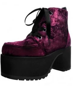 T.U.K Nosebleed Velvet Crush Platform Ankle Boots Burgundy