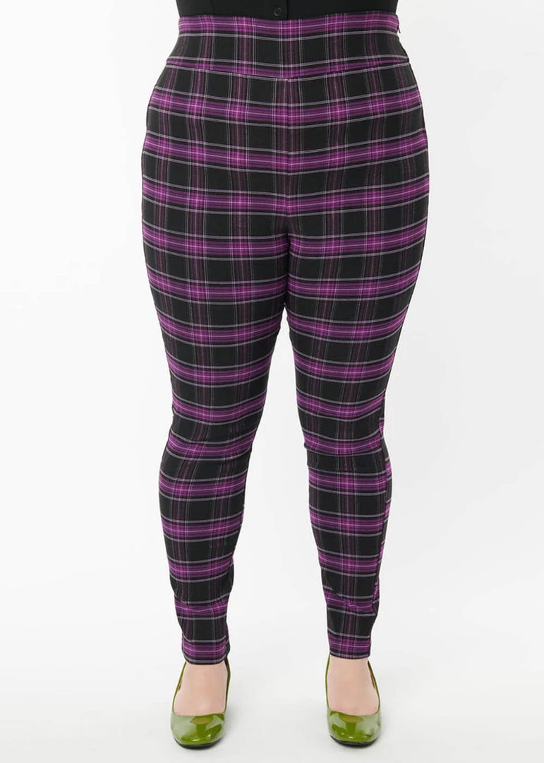 New In Unique Vintage Rizzo Plaid 60's Cigarette Trousers Black Purple