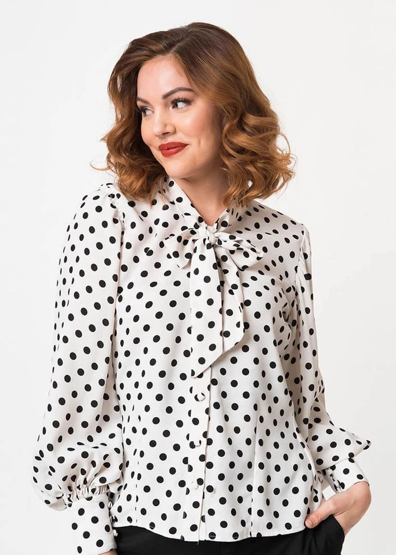 Unique Vintage Gwen Polka Dot 40's Blouse White Black New In
