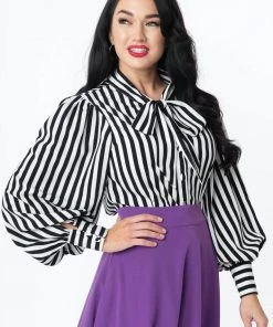 Unique Vintage Gwen Stripe 40's Blouse Black White New In