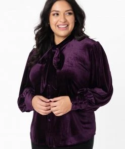 New In Unique Vintage Gwen Velvet 40's Blouse Dark Purple