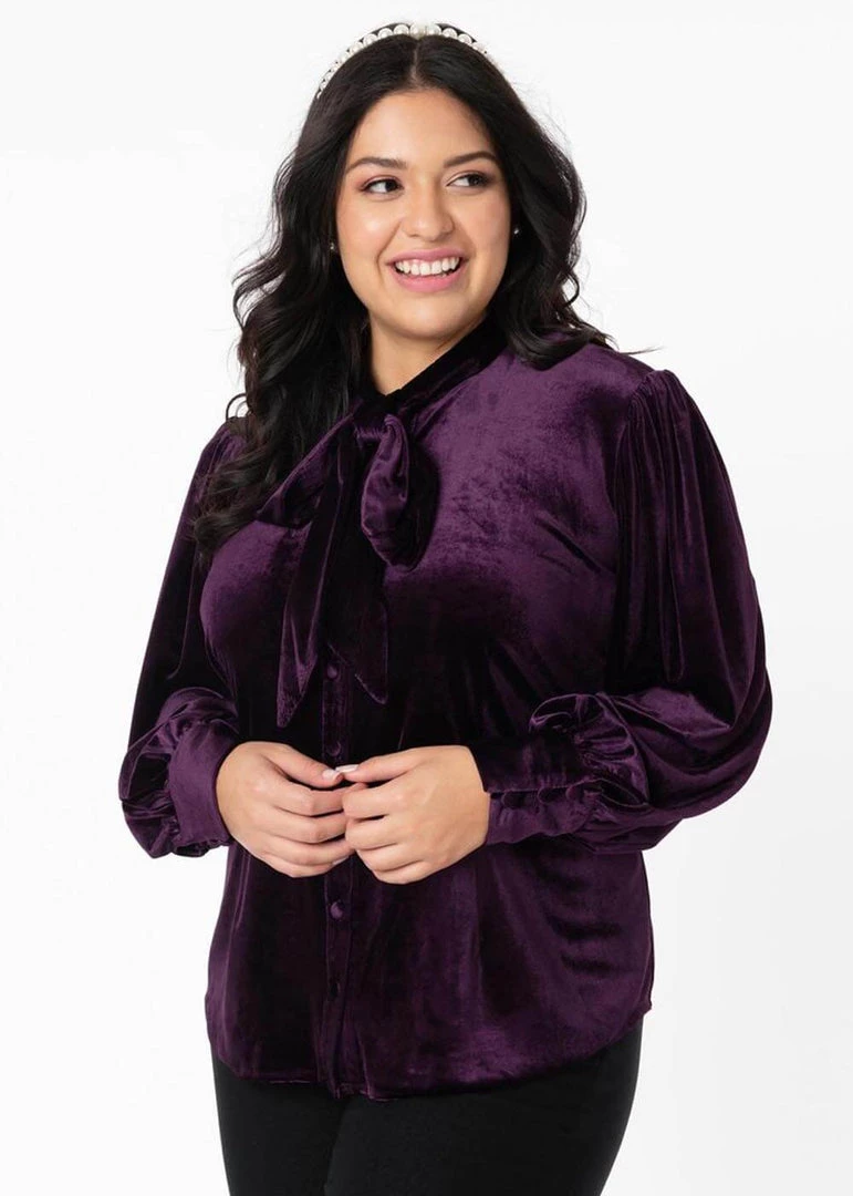 New In Unique Vintage Gwen Velvet 40's Blouse Dark Purple