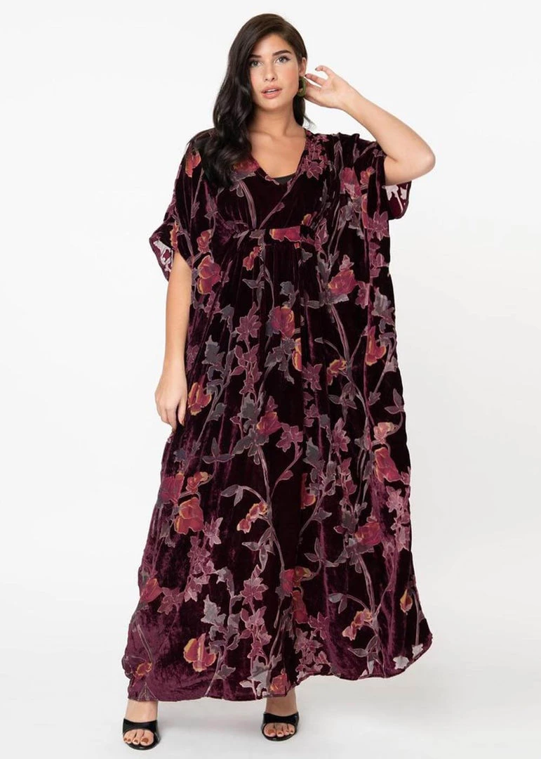 New In Unique Vintage Burton Devore Floral Velvet 70's Kaftan Dress Wine