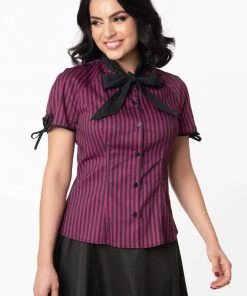 New In Unique Vintage Chita Stripe 50's Blouse Purple Black