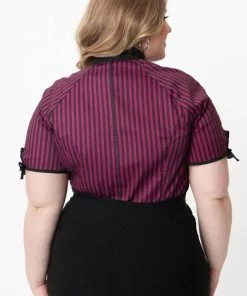 New In Unique Vintage Chita Stripe 50's Blouse Purple Black