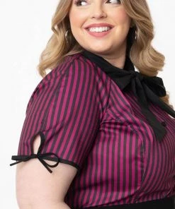 New In Unique Vintage Chita Stripe 50's Blouse Purple Black