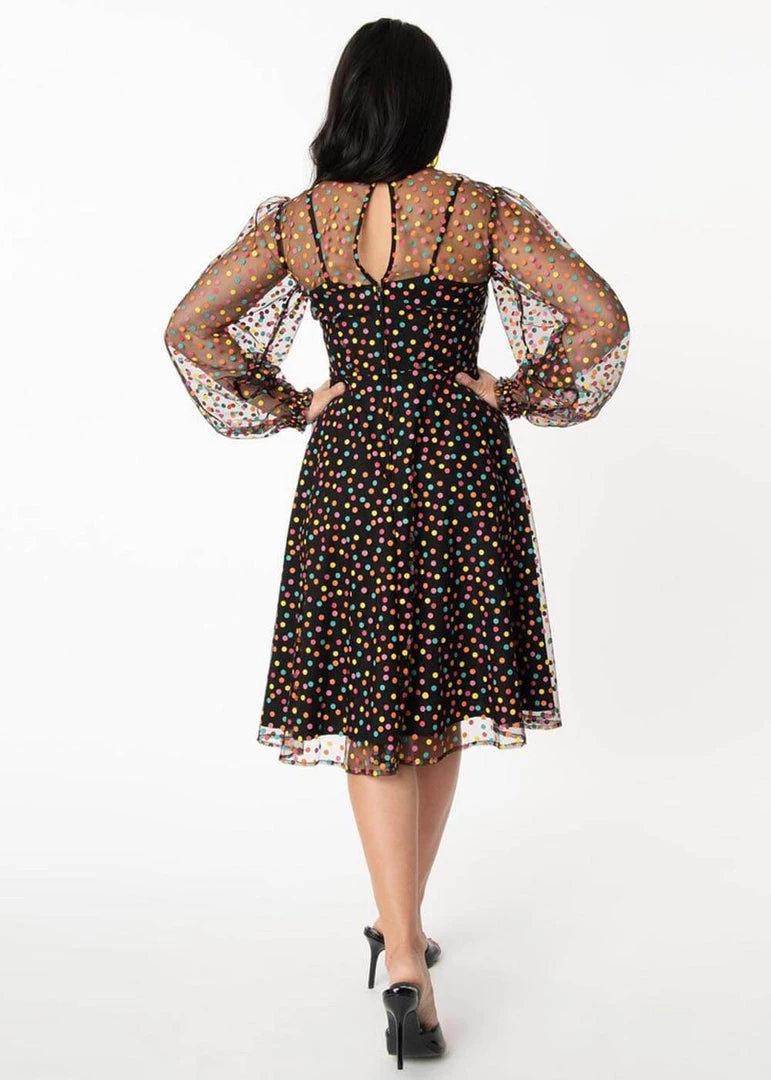 New In Unique Vintage Leota Rainbow Polkadots 60’s Dress Black