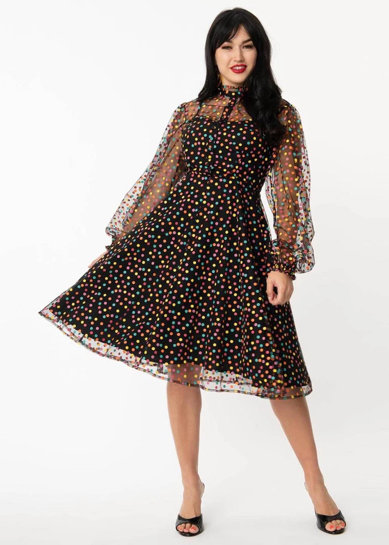New In Unique Vintage Leota Rainbow Polkadots 60’s Dress Black