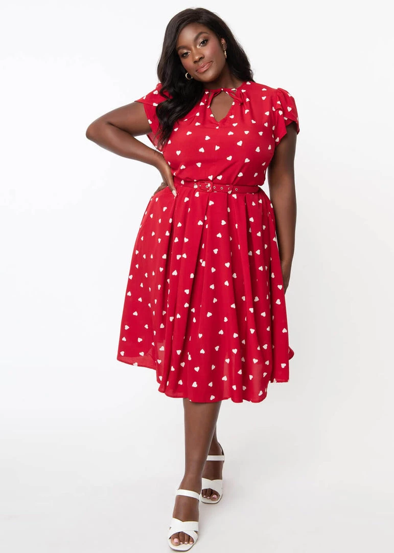New In Unique Vintage Dahlia Hearts 40's Swing Dress Red