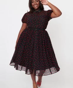 Unique Vintage Hollie Hearts Swiss Dot 50's Swing Dress Black Red
