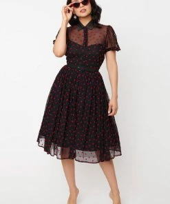 Unique Vintage Hollie Hearts Swiss Dot 50's Swing Dress Black Red