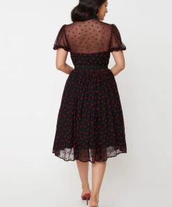 Unique Vintage Hollie Hearts Swiss Dot 50's Swing Dress Black Red