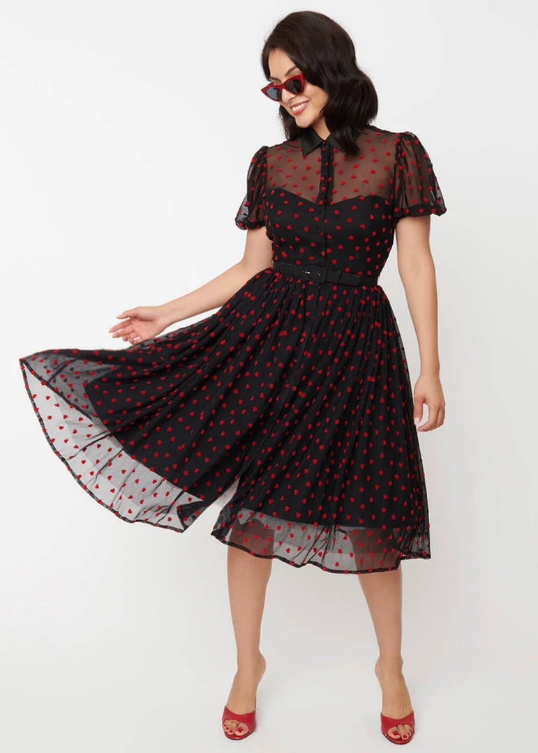 Unique Vintage Hollie Hearts Swiss Dot 50's Swing Dress Black Red