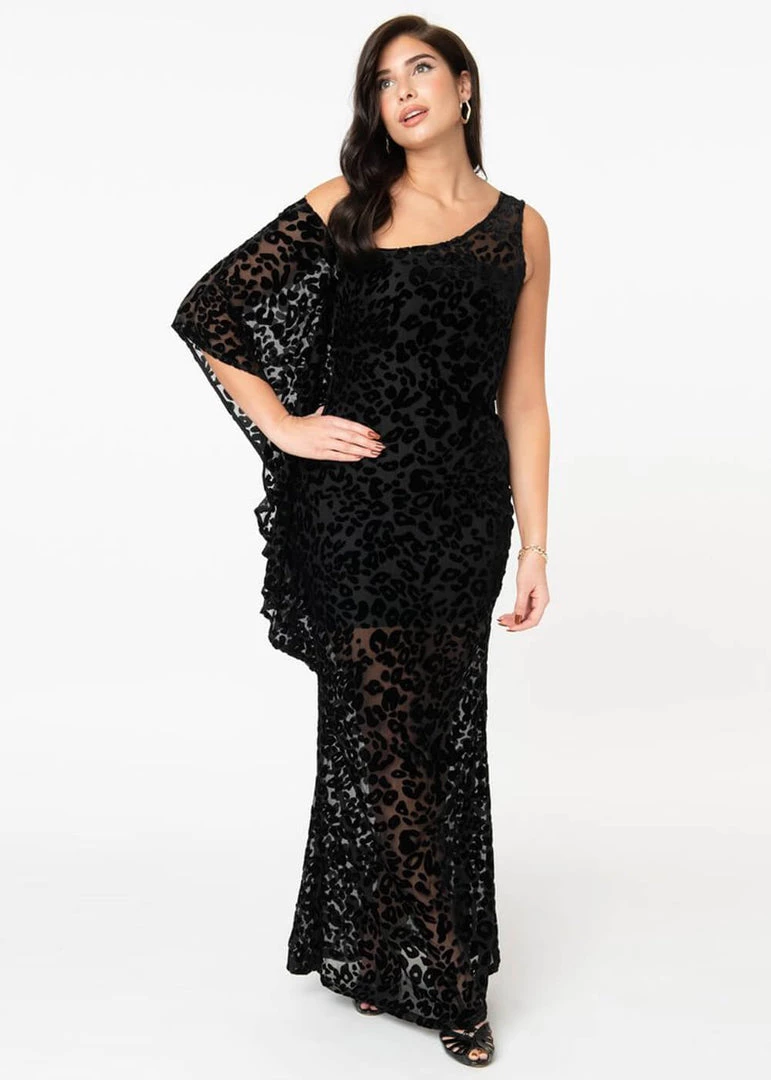 New In Unique Vintage Amoret Leopard 70's Kaftan Dress Black